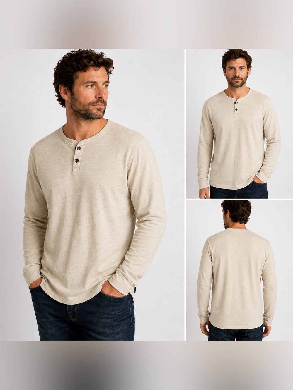 Lucky Brand Venice Burnout Henley Shirt Men's Large Cream Long Sleeve Casual Tee